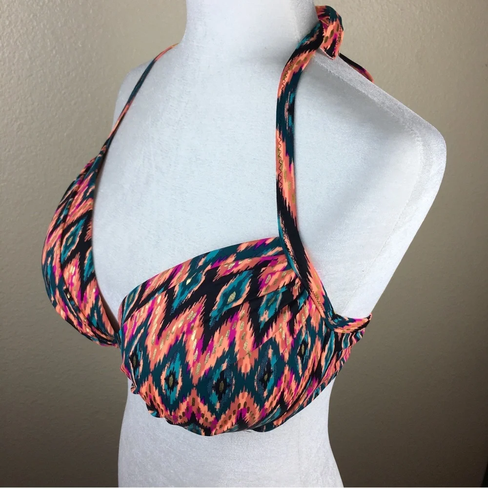 Push-Up Halter Bikini Top in Teal, Coral & Pink